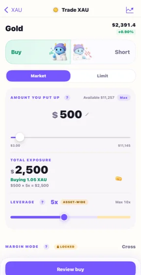 A trade ticket showing amount, exposure, and leverage
