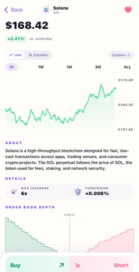 A market page with its price chart and order book