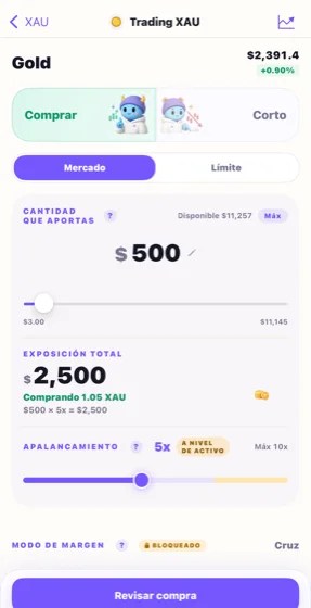 Una orden que muestra el monto, la exposición y el apalancamiento